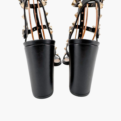 Valentino Garavani Rockstud Caged Block Heel Sandals in Black Leather Size 39