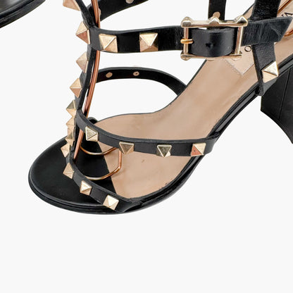 Valentino Garavani Rockstud Caged Block Heel Sandals in Black Leather Size 39