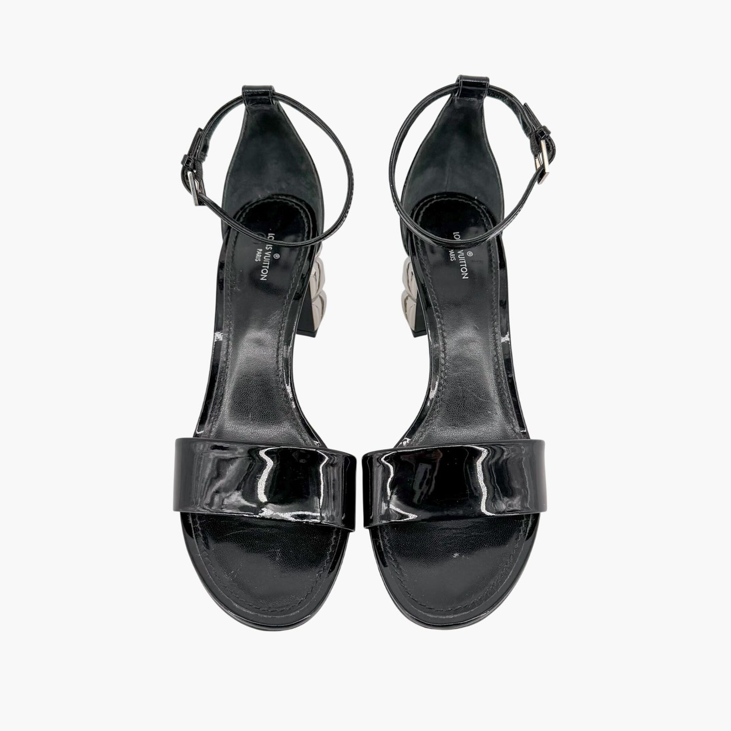 Louis Vuitton Silver Light Block Heel Sandals Black Patent Size 38.5