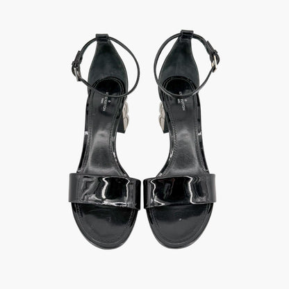 Louis Vuitton Silver Light Block Heel Sandals Black Patent Size 38.5
