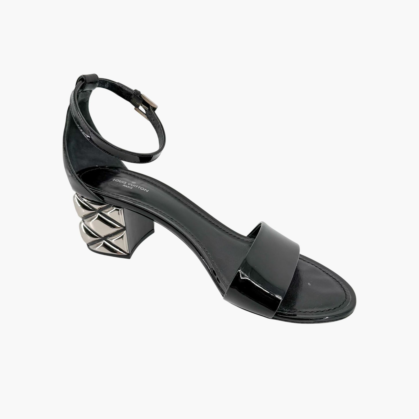 Louis Vuitton Silver Light Block Heel Sandals Black Patent Size 38.5