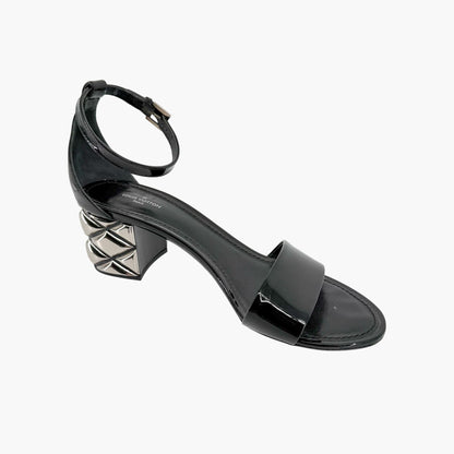 Louis Vuitton Silver Light Block Heel Sandals Black Patent Size 38.5