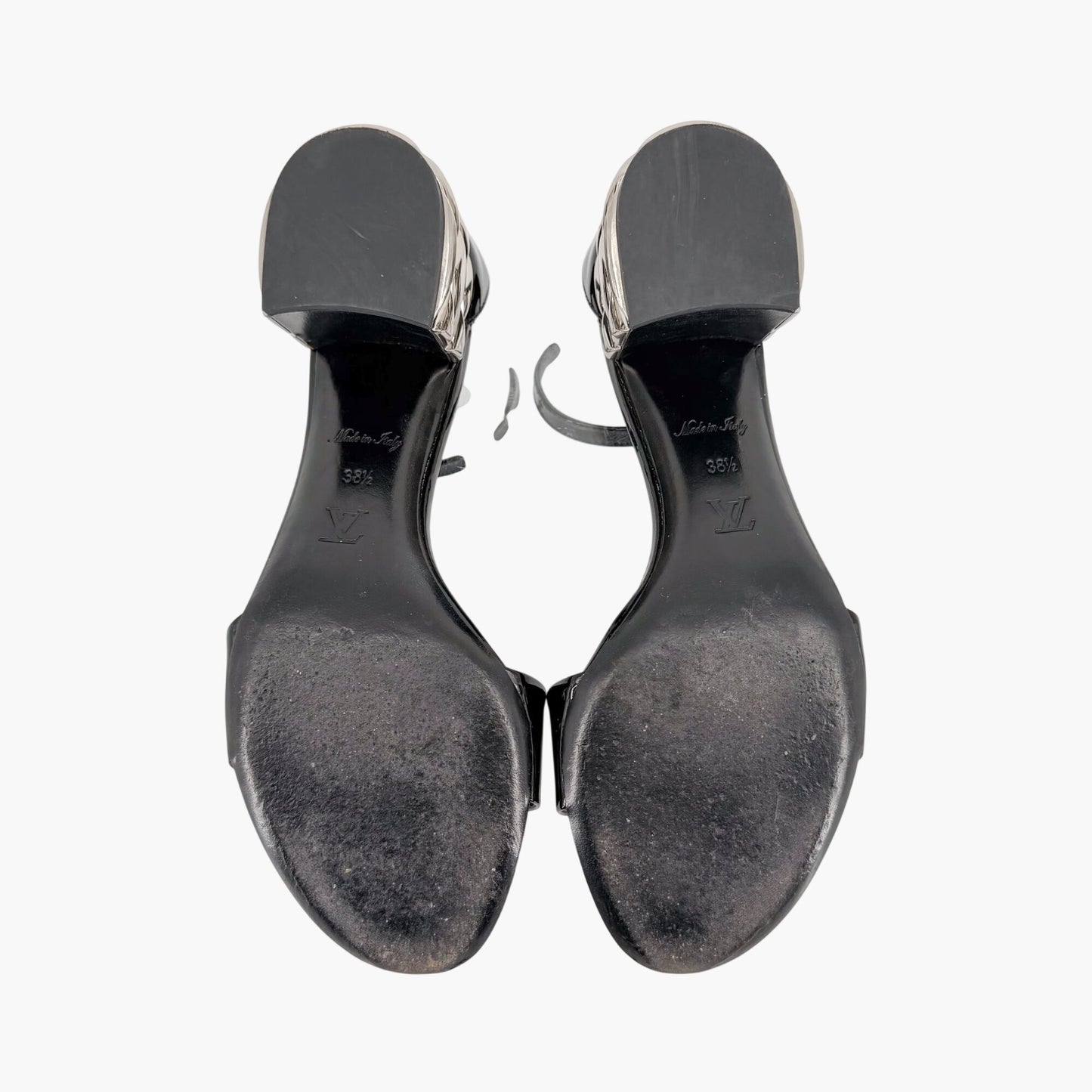 Louis Vuitton Silver Light Block Heel Sandals Black Patent Size 38.5