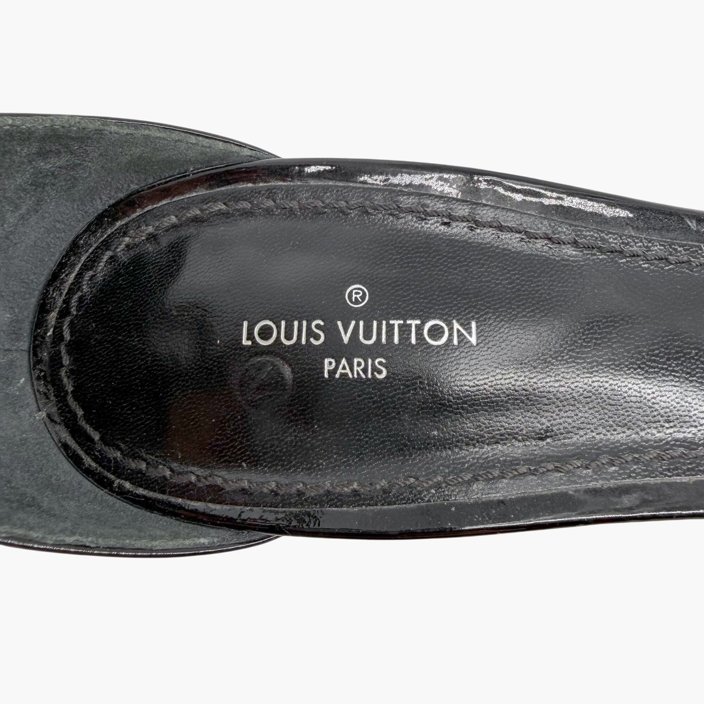 Louis Vuitton Silver Light Block Heel Sandals Black Patent Size 38.5