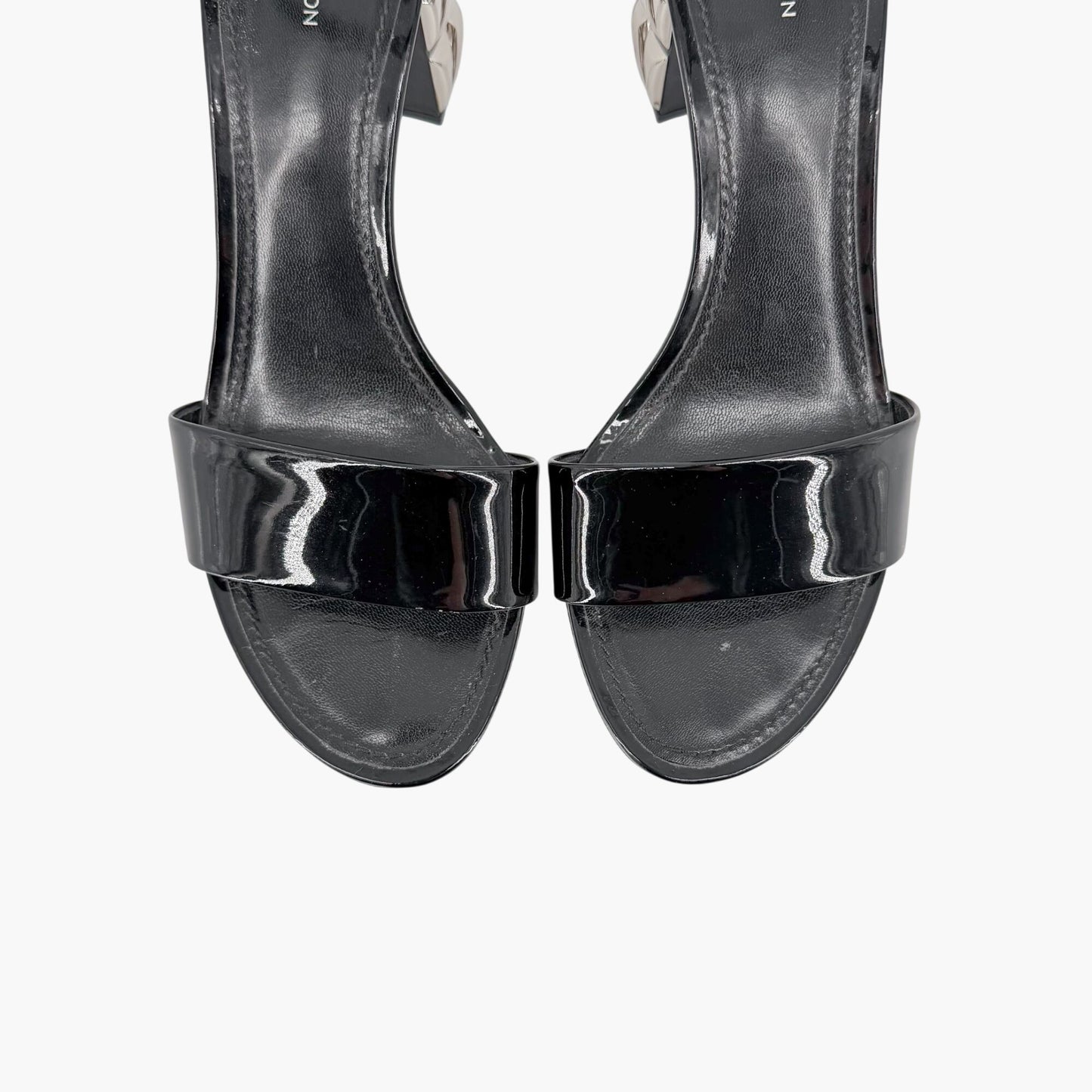 Louis Vuitton Silver Light Block Heel Sandals Black Patent Size 38.5