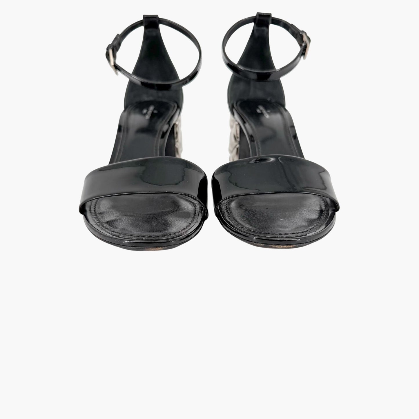 Louis Vuitton Silver Light Block Heel Sandals Black Patent Size 38.5