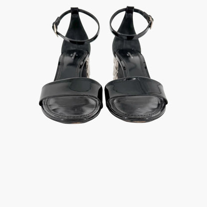 Louis Vuitton Silver Light Block Heel Sandals Black Patent Size 38.5