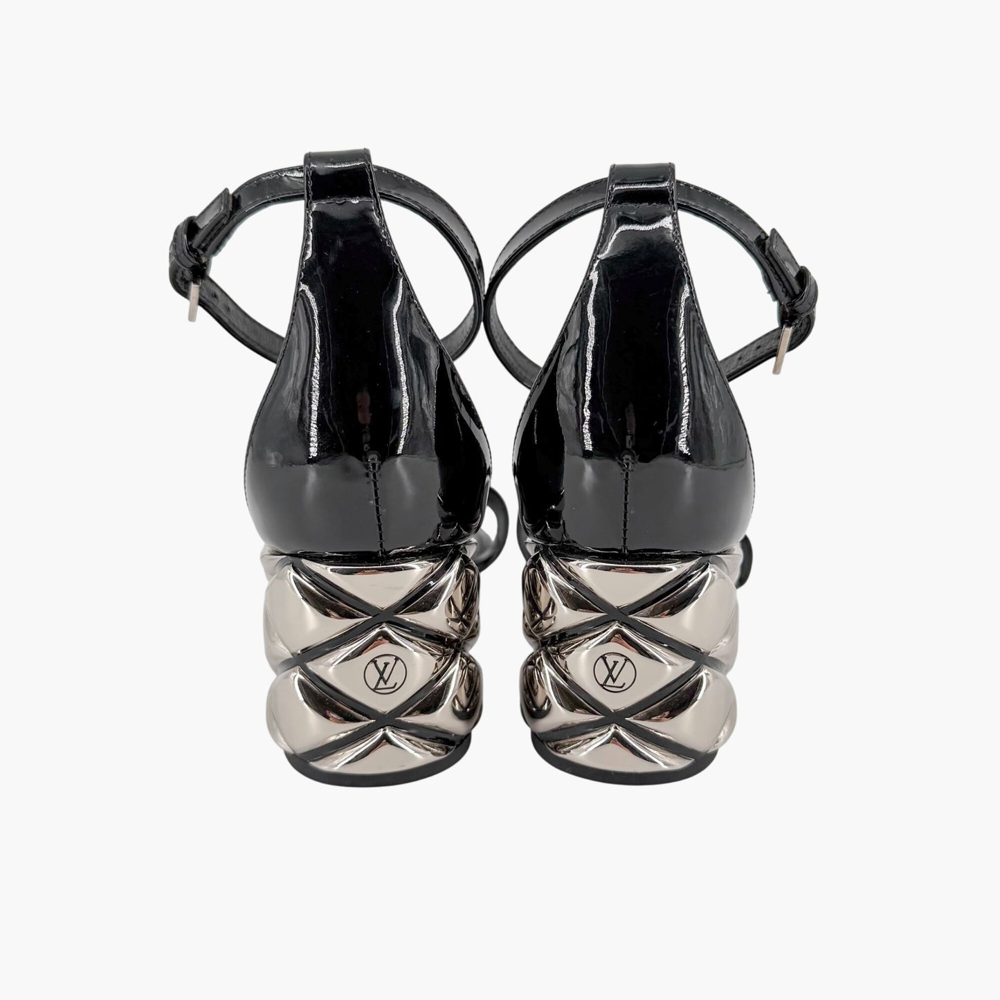Louis Vuitton Silver Light Block Heel Sandals Black Patent Size 38.5