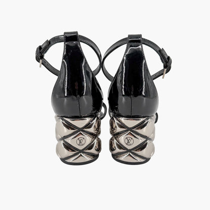Louis Vuitton Silver Light Block Heel Sandals Black Patent Size 38.5