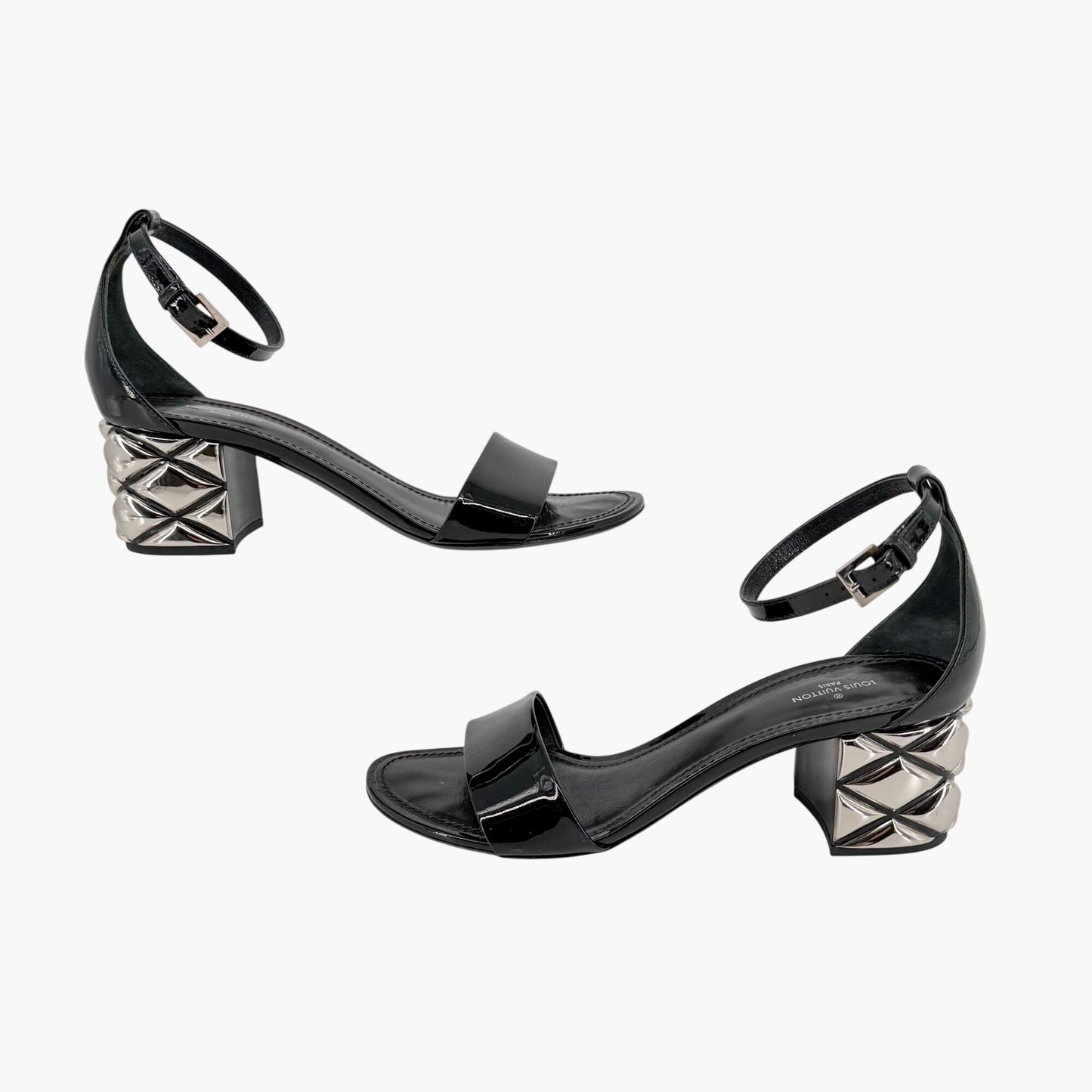 Louis Vuitton Silver Light Block Heel Sandals Black Patent Size 38.5