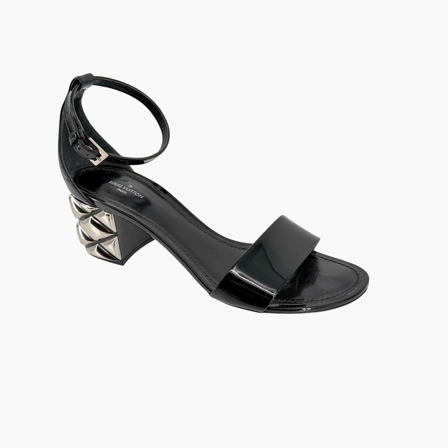 Louis Vuitton Silver Light Block Heel Sandals Black Patent Size 38.5