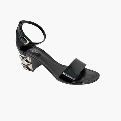 Louis Vuitton Silver Light Block Heel Sandals Black Patent Size 38.5