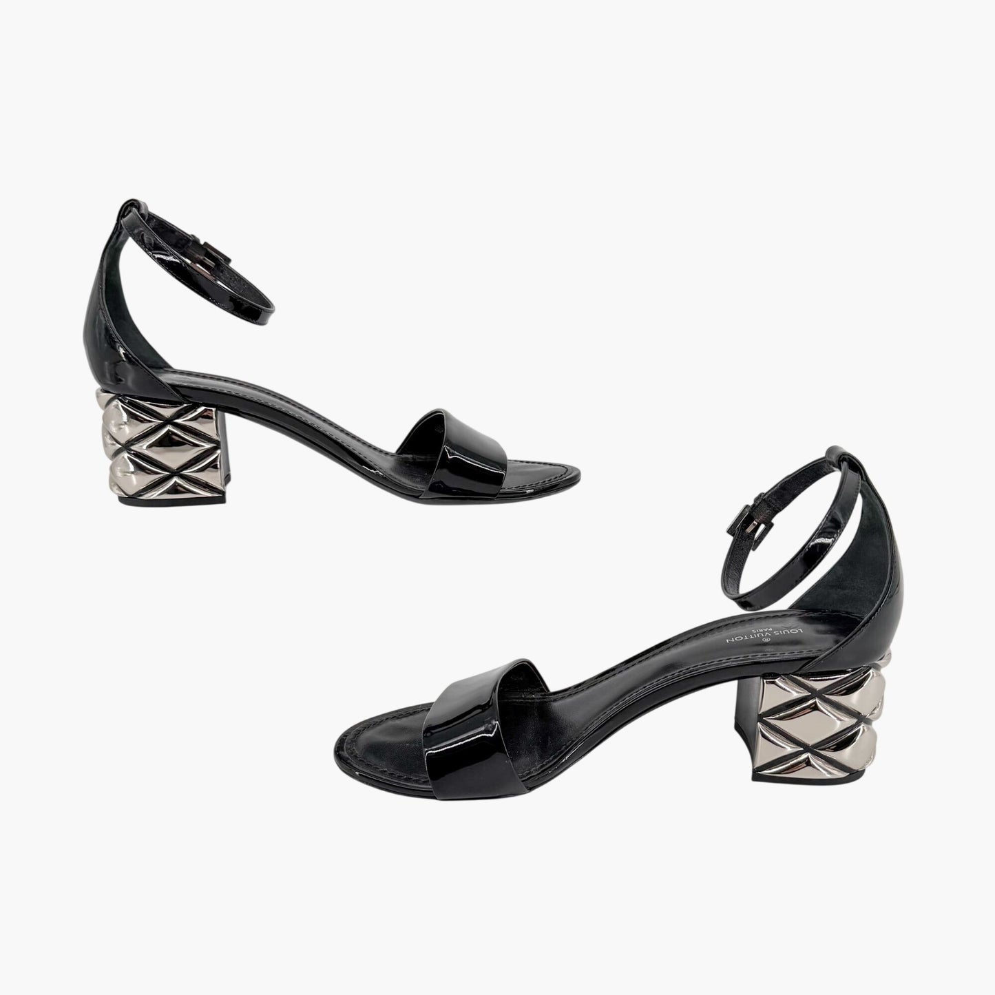 Louis Vuitton Silver Light Block Heel Sandals Black Patent Size 38.5