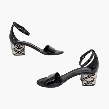 Louis Vuitton Silver Light Block Heel Sandals Black Patent Size 38.5