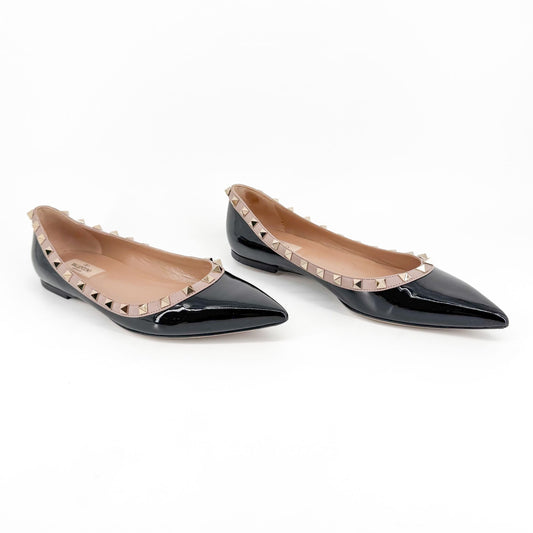Valentino Garavani Rockstud Ballet Flats in Black Patent Leather Size 40.5