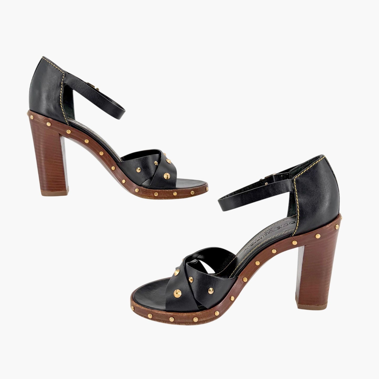 Louis Vuitton S Lock Studded Block Heel Sandals Size 36.5