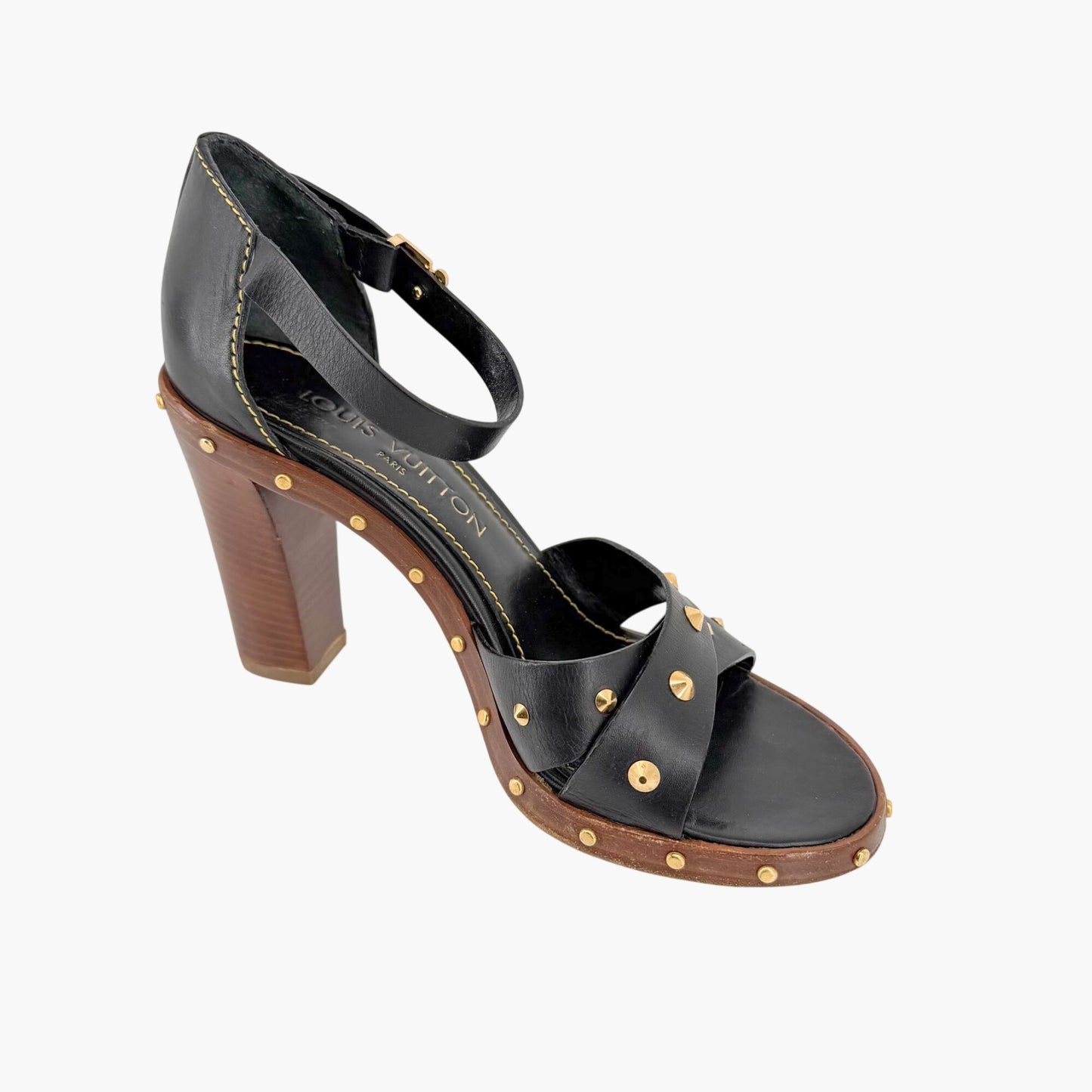 Louis Vuitton S Lock Studded Block Heel Sandals Size 36.5