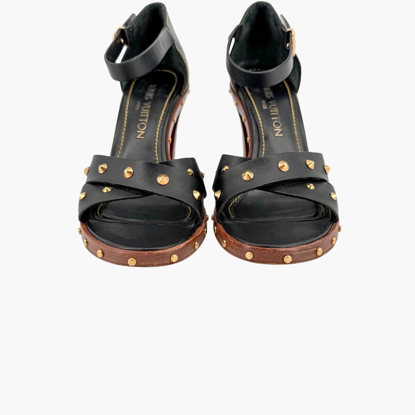 Louis Vuitton S Lock Studded Block Heel Sandals Size 36.5