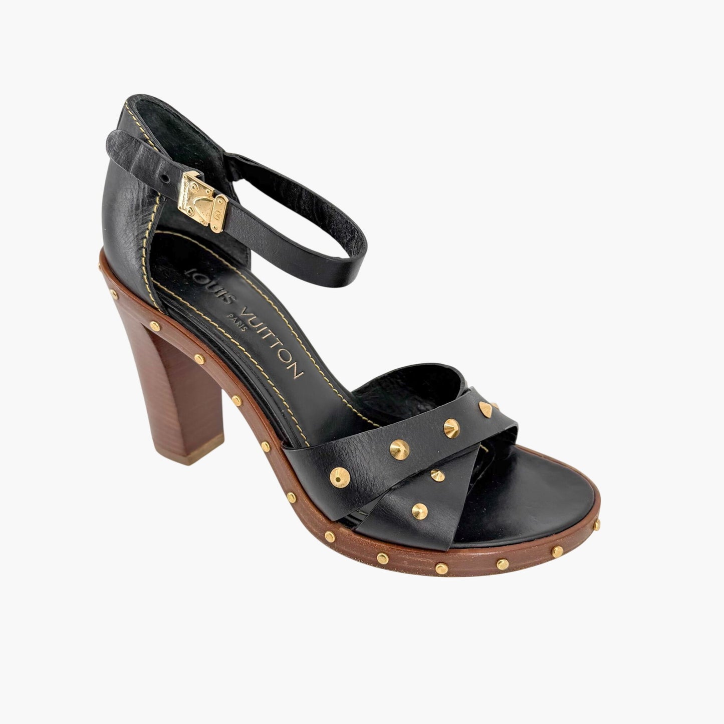 Louis Vuitton S Lock Studded Block Heel Sandals Size 36.5
