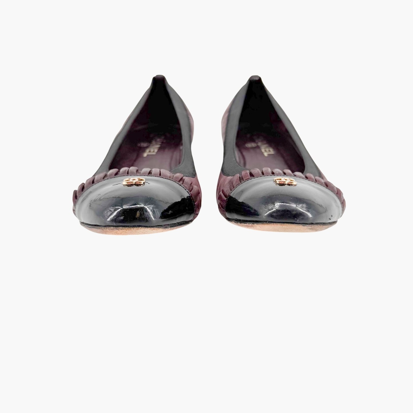 Chanel CC Ruffle Cap Toe Ballet Flats in Burgundy/Brown Leather Size 37