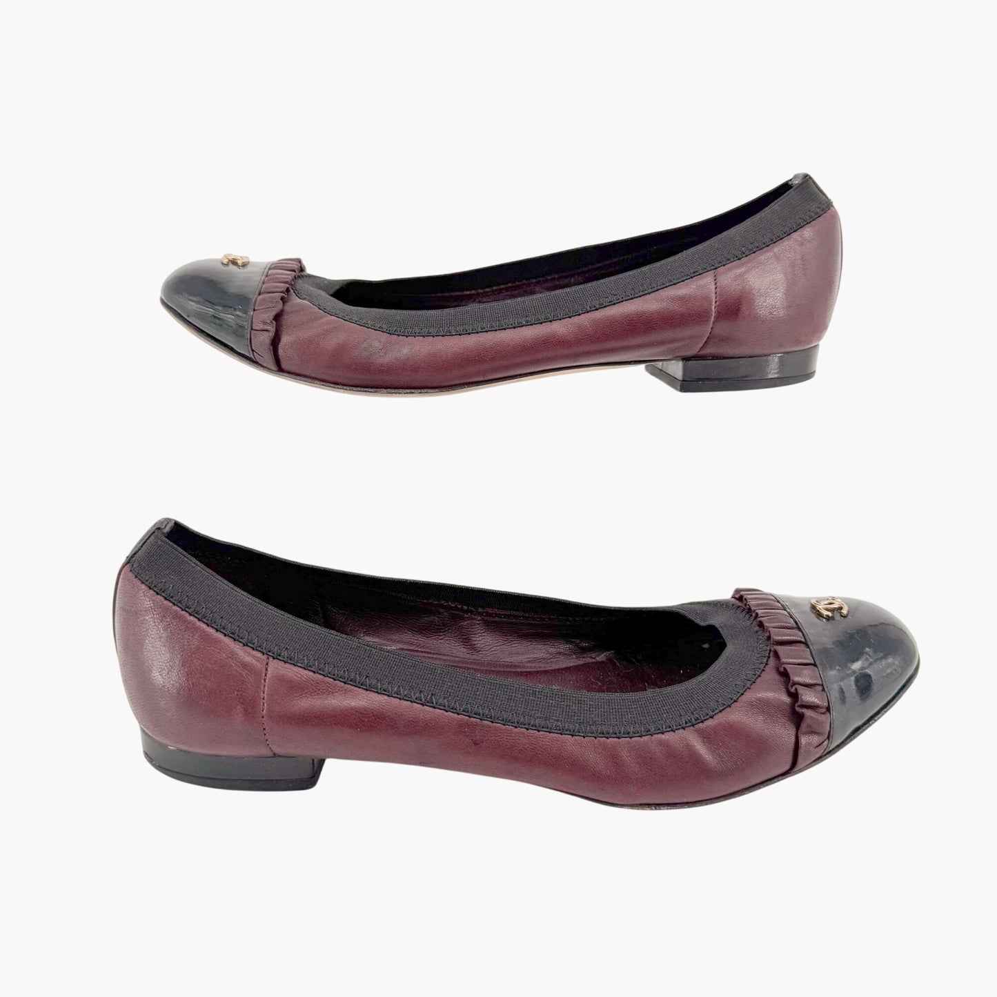 Chanel CC Ruffle Cap Toe Ballet Flats in Burgundy/Brown Leather Size 37