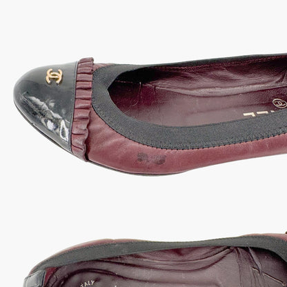 Chanel CC Ruffle Cap Toe Ballet Flats in Burgundy/Brown Leather Size 37