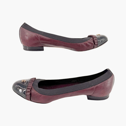 Chanel CC Ruffle Cap Toe Ballet Flats in Burgundy/Brown Leather Size 37