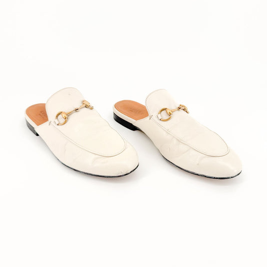 Gucci Princetown Horsebit Loafer Mule in White Leather Size 38