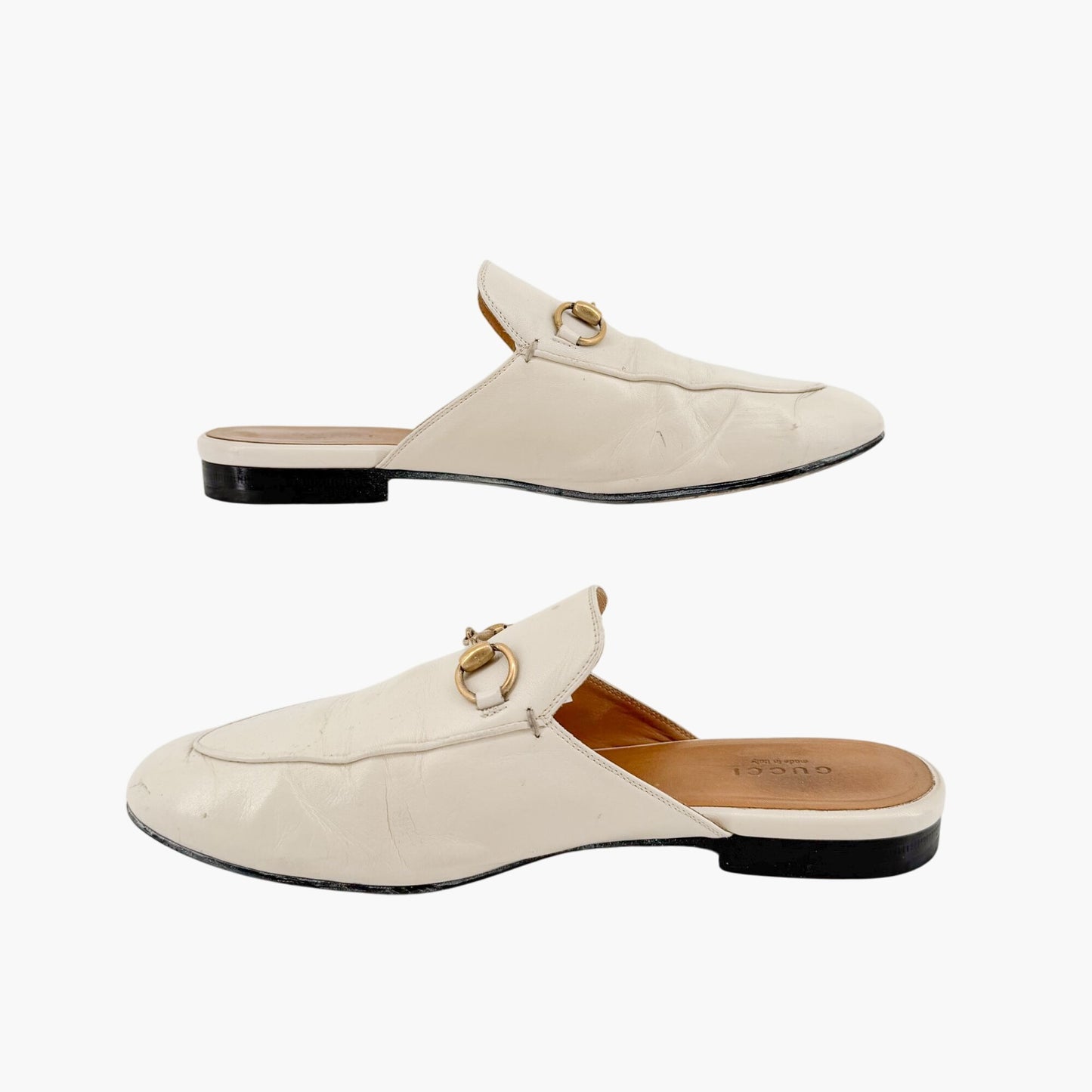 Gucci Princetown Horsebit Loafer Mule in White Leather Size 38