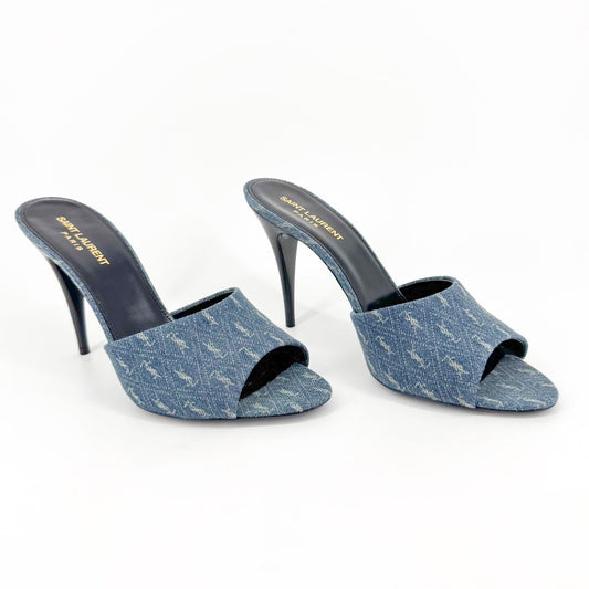 Saint Laurent La 16 Mule Sandals in Blue YSL Logo Denim – Size 40