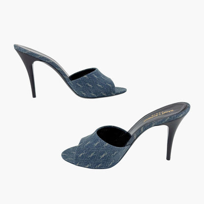 Saint Laurent La 16 Mule Sandals in Blue YSL Logo Denim – Size 40