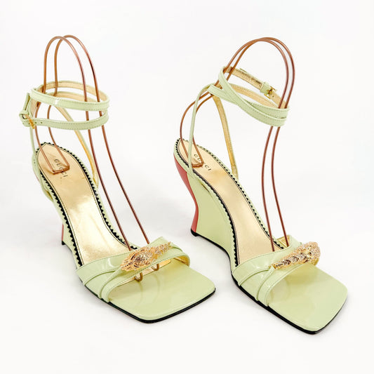 Gucci Crystal-Embellished Tiger Wedge Sandals in Pastel Green Patent Leather Size 41