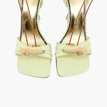 Gucci Crystal-Embellished Tiger Wedge Sandals in Pastel Green Patent Leather Size 41