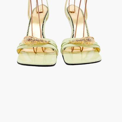 Gucci Crystal-Embellished Tiger Wedge Sandals in Pastel Green Patent Leather Size 41