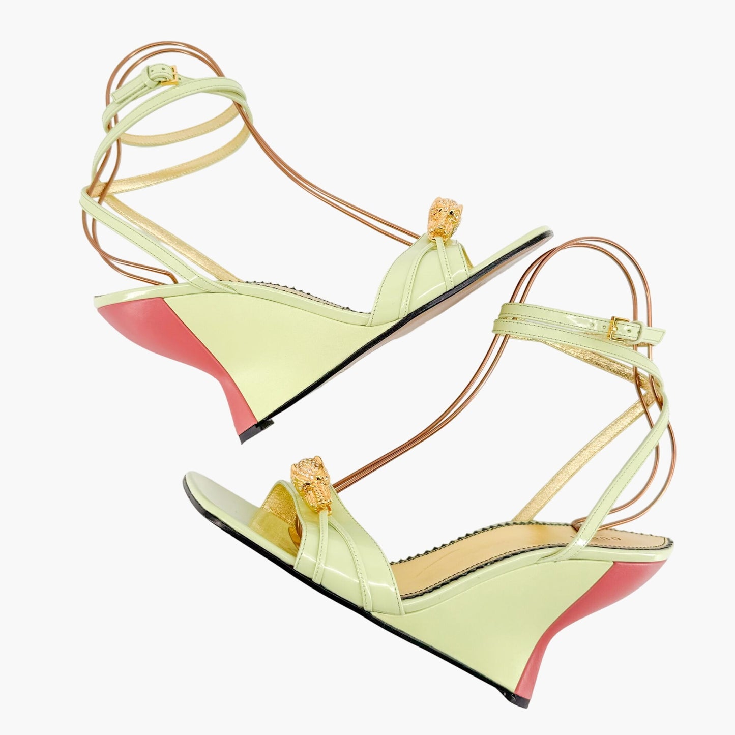 Gucci Crystal-Embellished Tiger Wedge Sandals in Pastel Green Patent Leather Size 41