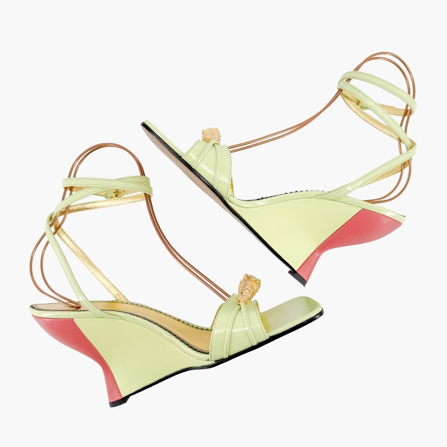 Gucci Crystal-Embellished Tiger Wedge Sandals in Pastel Green Patent Leather Size 41