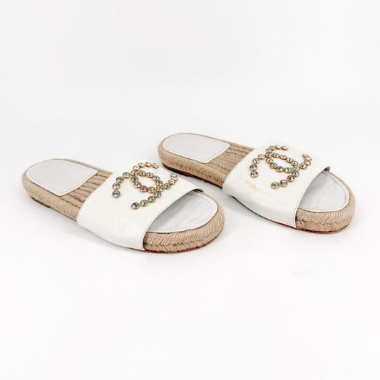 Chanel Crystal CC Espadrille Slide Sandals White Size 38