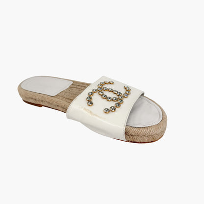 Chanel Crystal CC Espadrille Slide Sandals White Size 38