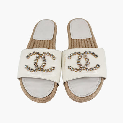 Chanel Crystal CC Espadrille Slide Sandals White Size 38