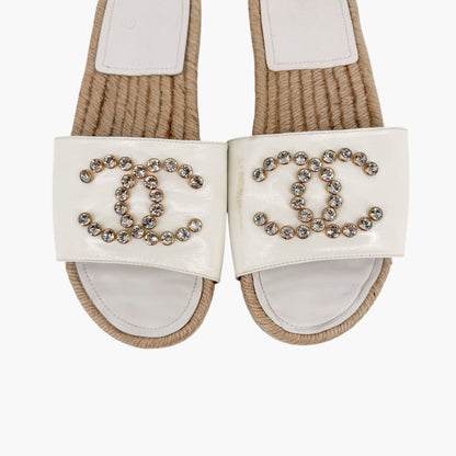 Chanel Crystal CC Espadrille Slide Sandals White Size 38