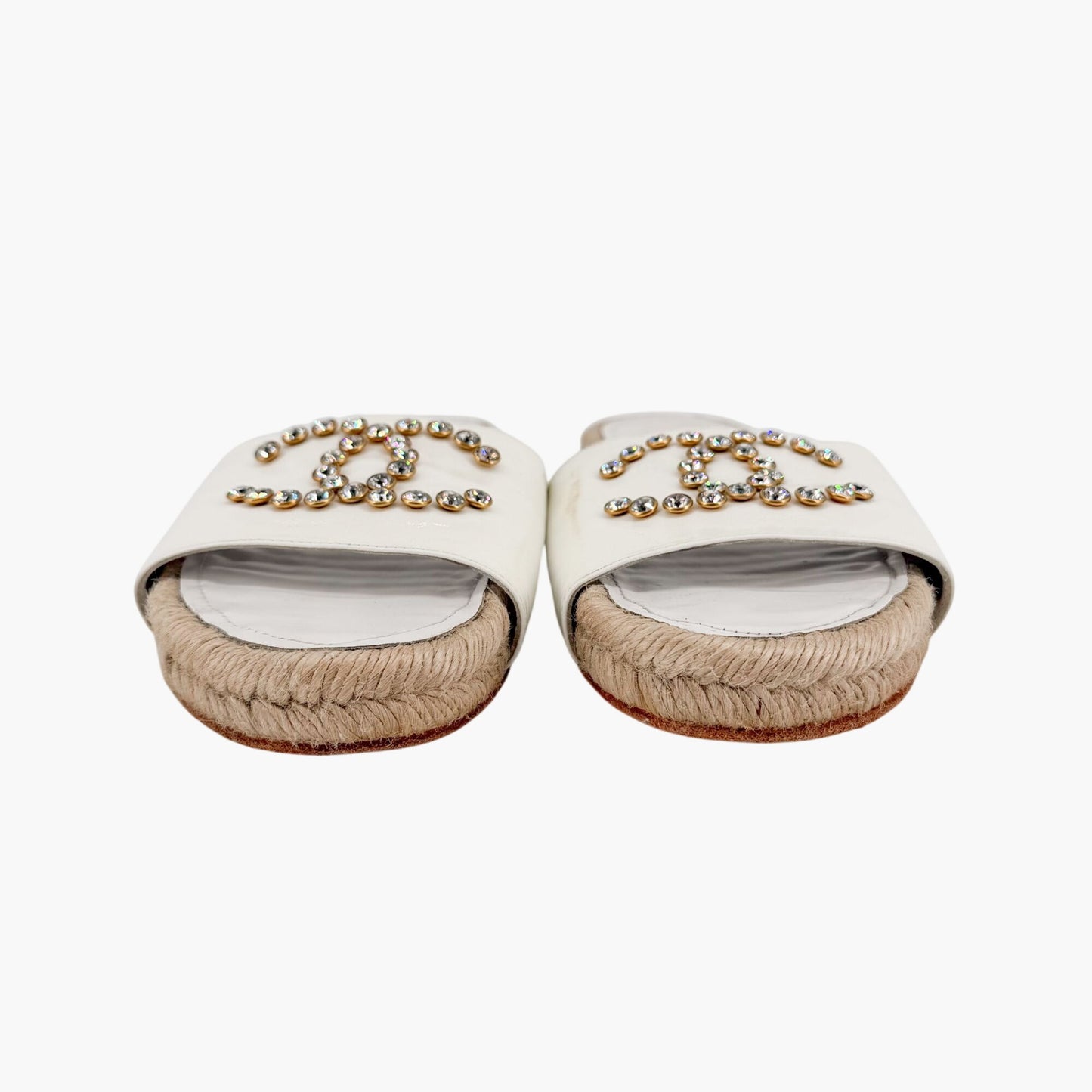 Chanel Crystal CC Espadrille Slide Sandals White Size 38
