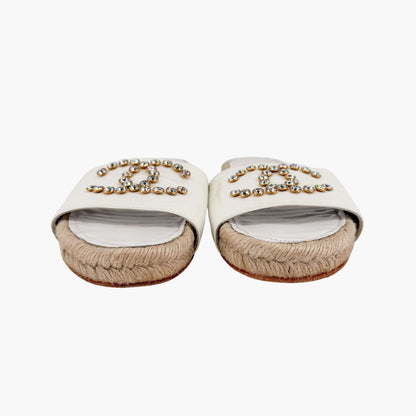 Chanel Crystal CC Espadrille Slide Sandals White Size 38