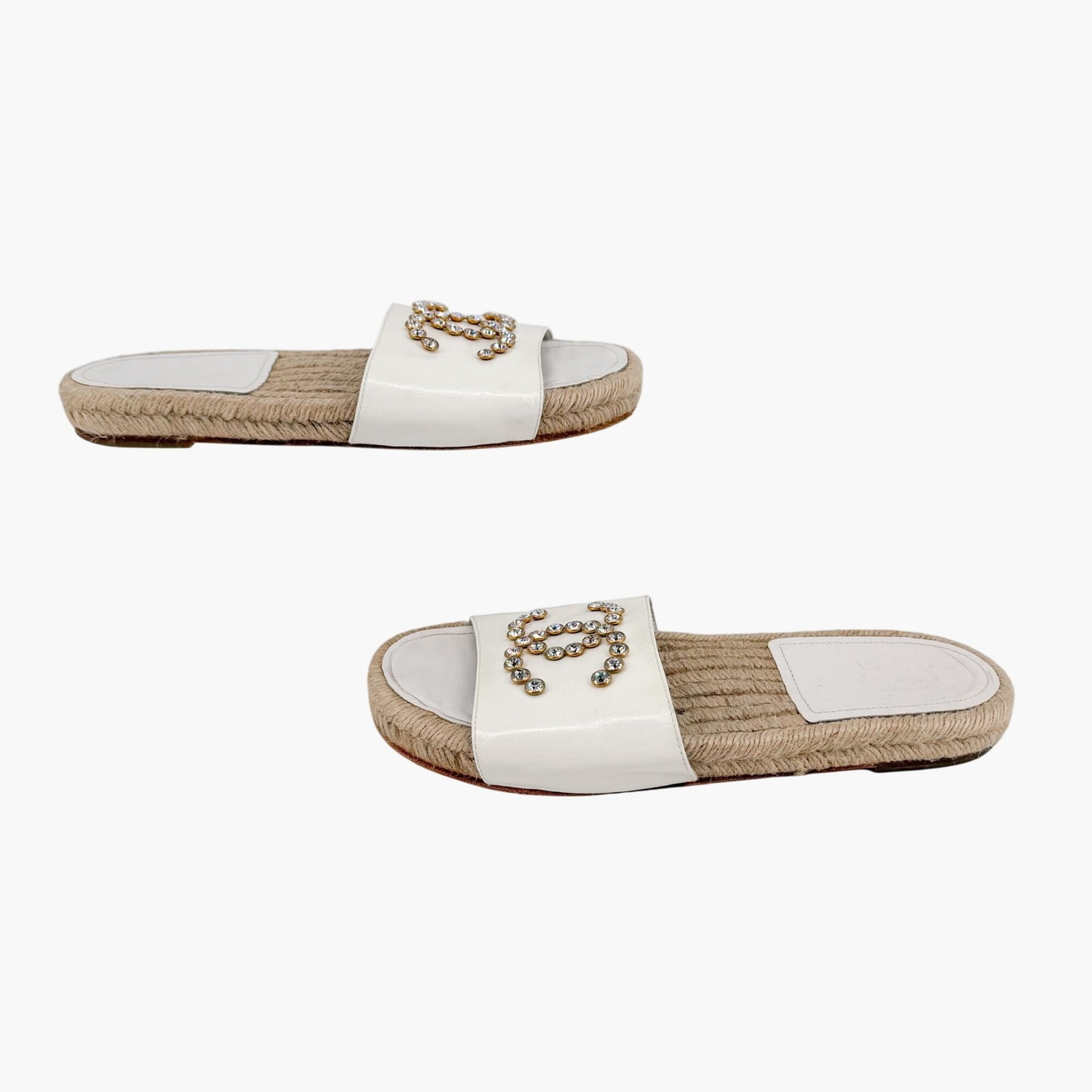 Chanel Crystal CC Espadrille Slide Sandals White Size 38