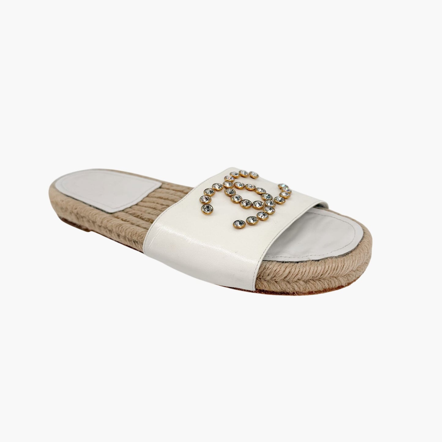 Chanel Crystal CC Espadrille Slide Sandals White Size 38