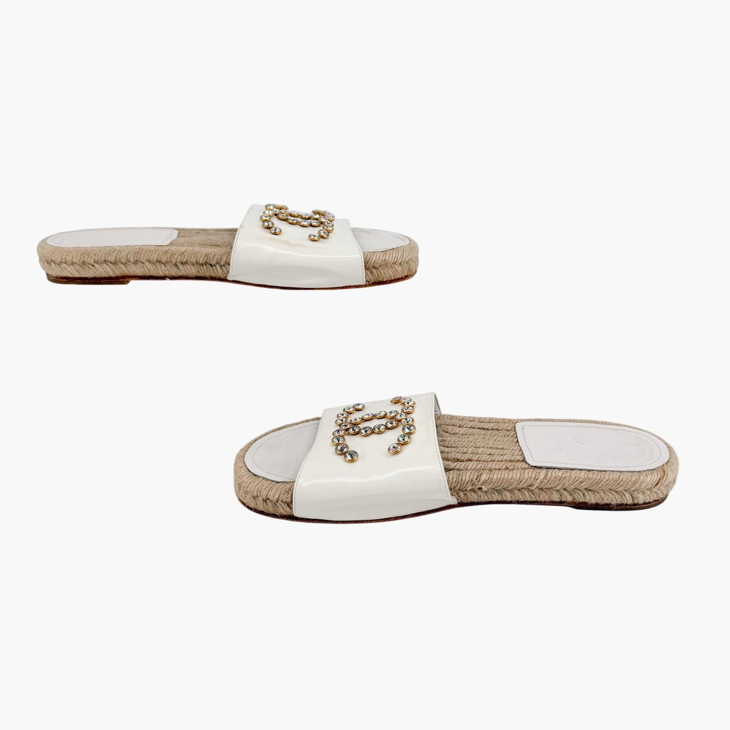 Chanel Crystal CC Espadrille Slide Sandals White Size 38