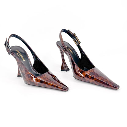 Saint Laurent Dune 110 Slingback Pumps in Brown Tortoise Patent Leather – Size 38