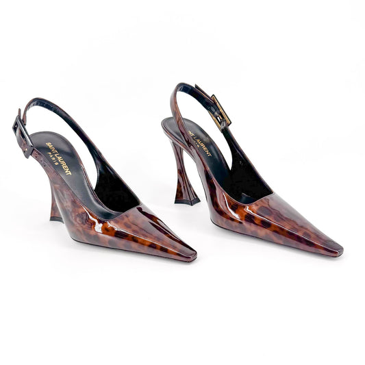 Saint Laurent Dune 110 Slingback Pumps in Brown Tortoise Patent Leather – Size 38