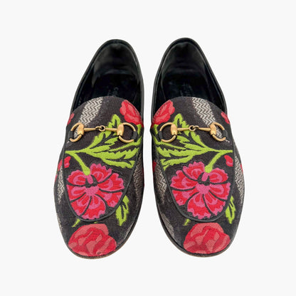 Gucci Black Floral Brocade Jordaan Horsebit Loafers Size 37