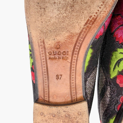 Gucci Black Floral Brocade Jordaan Horsebit Loafers Size 37