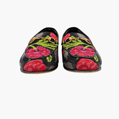 Gucci Black Floral Brocade Jordaan Horsebit Loafers Size 37